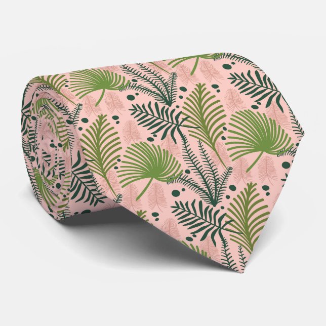 Pink w/Light and Dark Green Tropical Leaf Tie (Rolled)