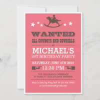 Pink Wanted Western Cowboy Birthday Invitation