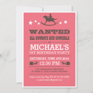 Pink Wanted Western Cowboy Birthday Invitation