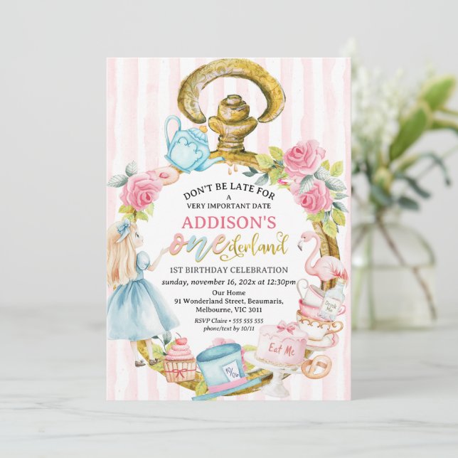 Pink Watch Alice in Onederland 1st Birthday Invitation (Standing Front)