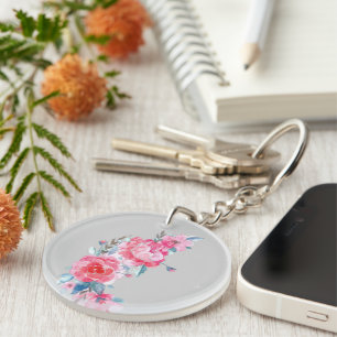 Pink water colour floral blossoms key ring