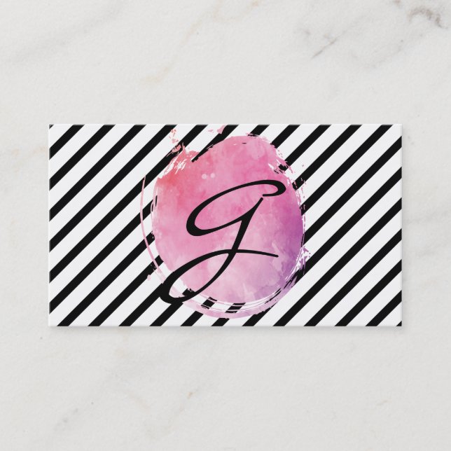 Pink Water Colour Monogram Fancy Text Stripes Business Card (Front)
