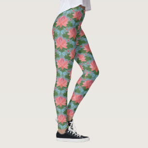 Pink Water Lilies and Blue Dragonflies on Blue Leggings