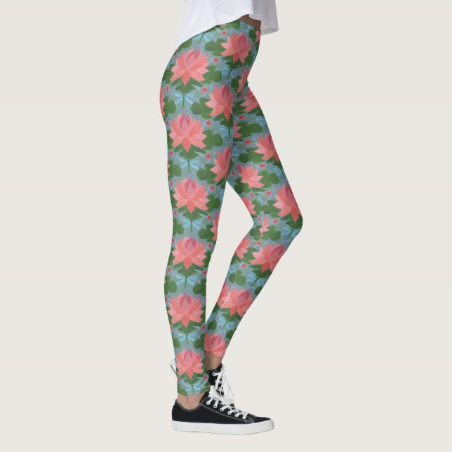 Pink Water Lilies and Blue Dragonflies on Blue Leggings (Right)