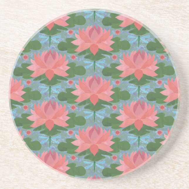 Pink Water Lilies and Dragonflies Drinks Coaster (Front)