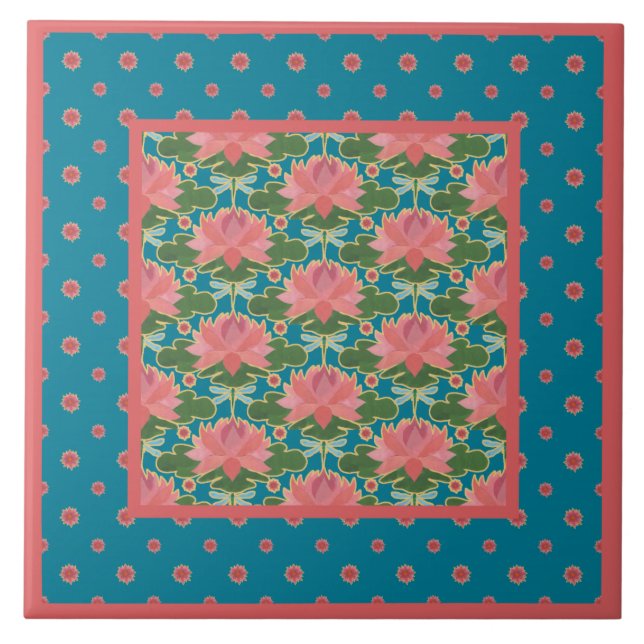 Pink Water Lilies, Blue Dragonflies: Ceramic Tile (Front)