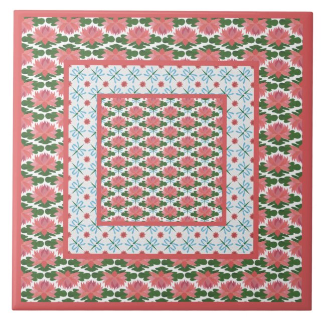 Pink Water Lilies, Blue Dragonflies: Ceramic Tile (Front)