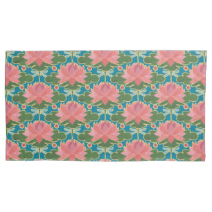 Pink Water Lilies, Blue Dragonflies, on Teal Pillowcase