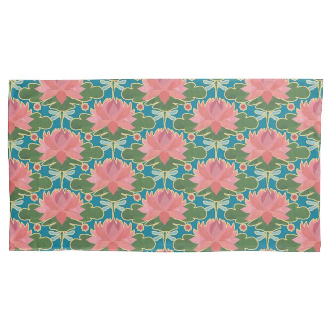 Pink Water Lilies, Blue Dragonflies, on Teal Pillowcase (Front-Left)