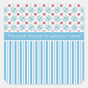 Pink Water Lilies, Dragonflies, Custom Bookplates Square Sticker