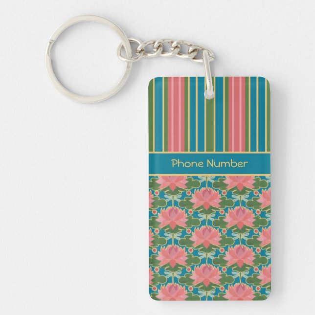 Pink Water Lilies, Dragonflies, Custom Keychain (Front)