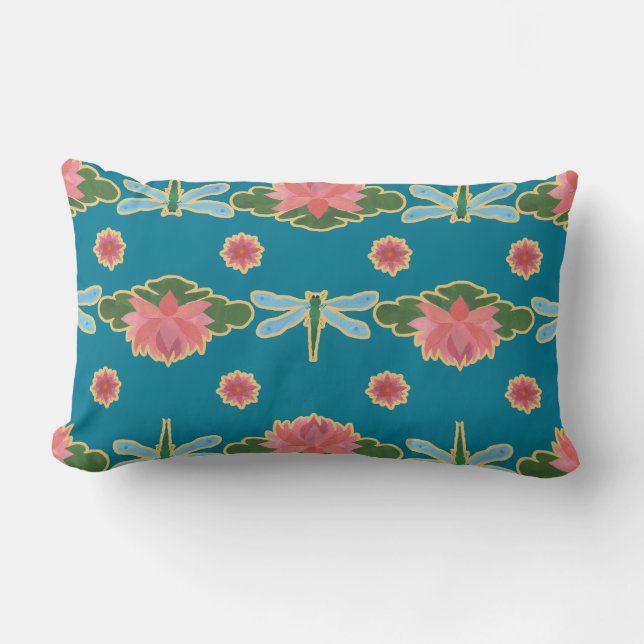 Pink Water Lilies Dragonflies Lumbar Pillow (Front)