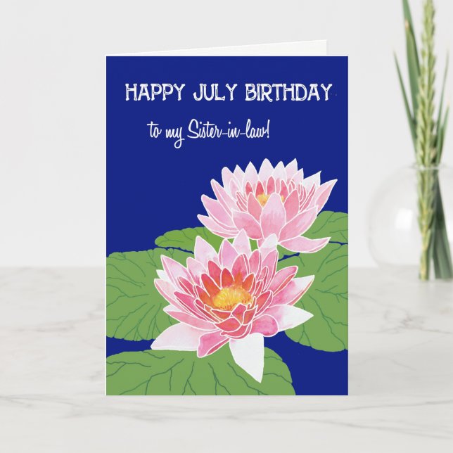 Pink Water Lilies July Birthday Sister-in-Law Card (Front)