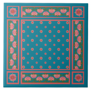 Pink Water Lilies on Deep Blue Ceramic Tile