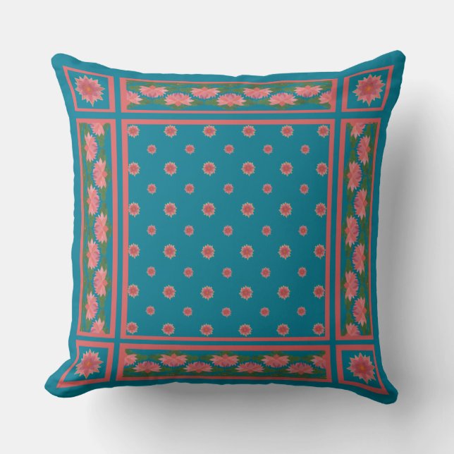 Pink Water Lilies on Deep Blue Pillow or Cushion (Front)