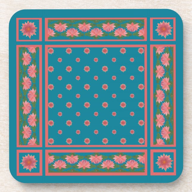 Pink Water Lilies on Deep Blue Set of Coasters (Front)