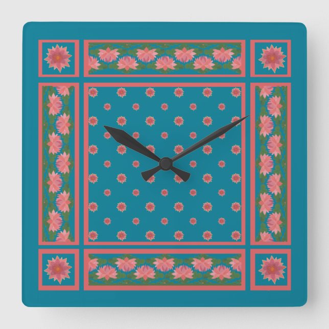 Pink Water Lilies on Deep Blue Square Wall Clock (Front)