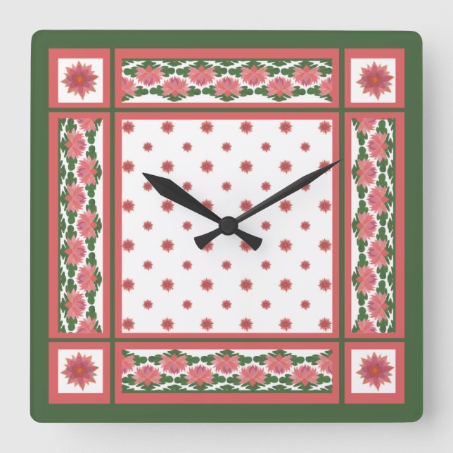 Pink Water Lilies on White Square Wall Clock (Front)