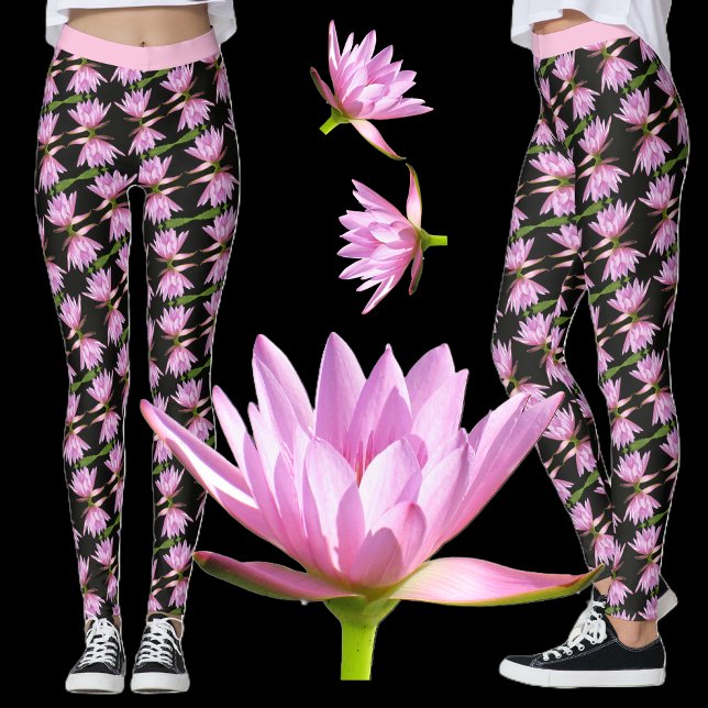 Pink Water Lilies w/Black and Green - Floral Leggings (Creator Uploaded)
