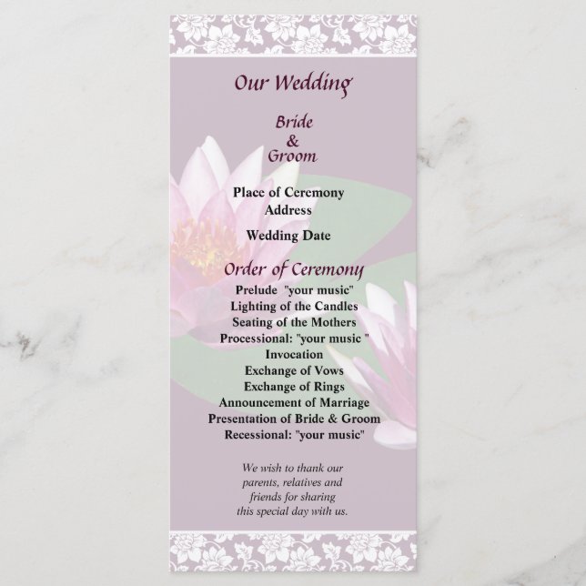 Pink Water Lilies Wedding Program (Front)