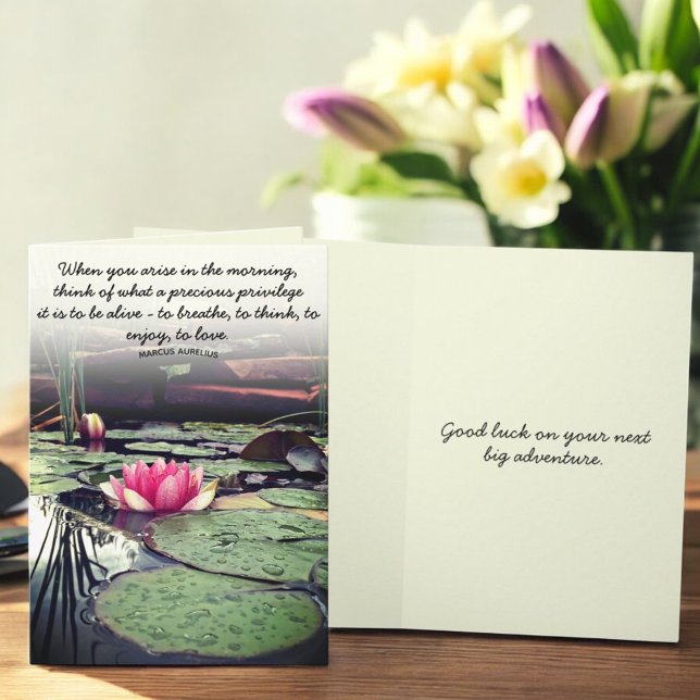 Pink Water Lily and Lily Pads Photo Personalised Card (water lily photo greeting card cover template and inside greeting.)