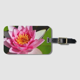 Pink water lily floral print luggage tag