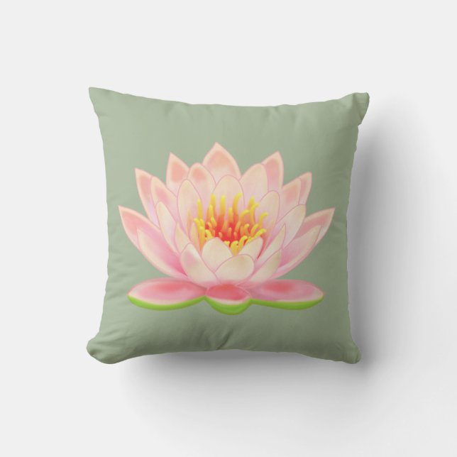 Pink Water Lily Flower on Laurel Green Cushion (Front)