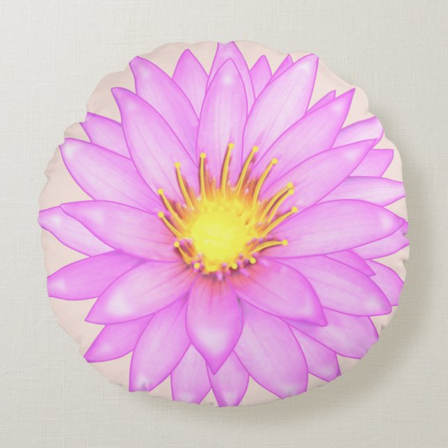 Pink Water Lily Flower on Light Beige Round Cushion (Front)