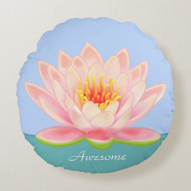 Pink Water Lily Flower on Light Blue Round Cushion (Front)
