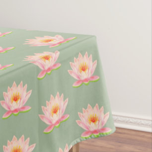 Pink Water Lily Flowers on Laurel Green Tablecloth