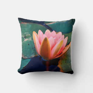 Pink Water Lily Green Plants Cushion Throw Pillow