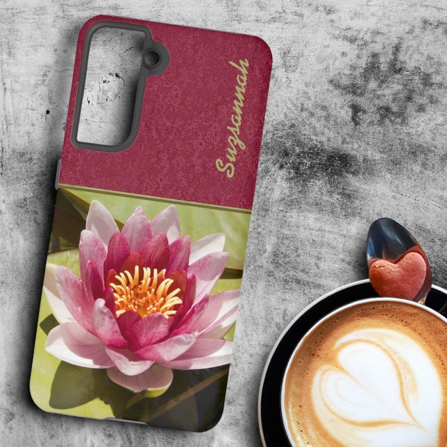 Pink Water Lily Samsung Galaxy S21 Case (phone case back with template text)