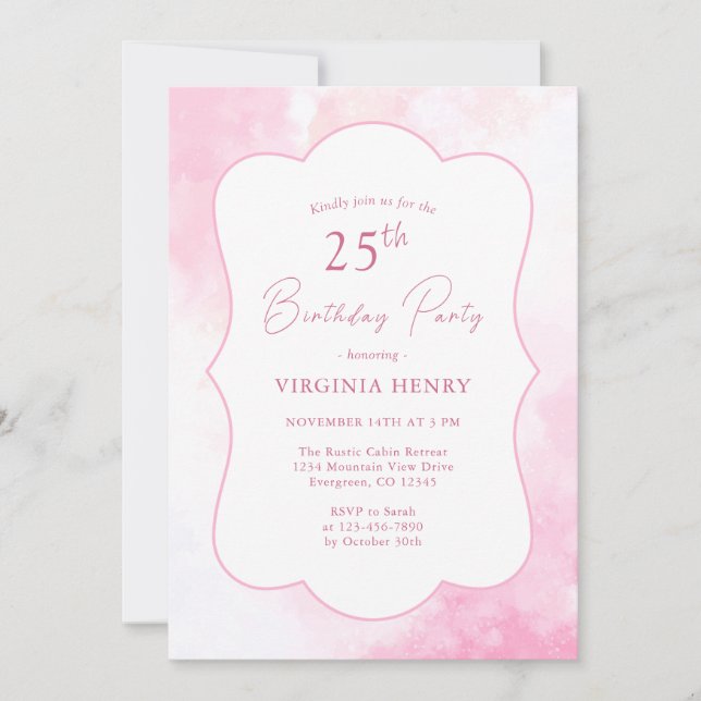  Pink Watercolor 25th Birthday Invitation (Front)