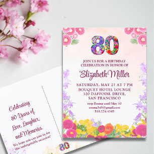 Pink Watercolor 80th Birthday Party Celebration Postcard