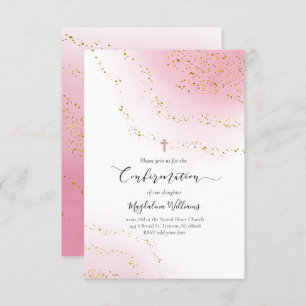 pink watercolor and FAUX glitter Confirmation Invitation