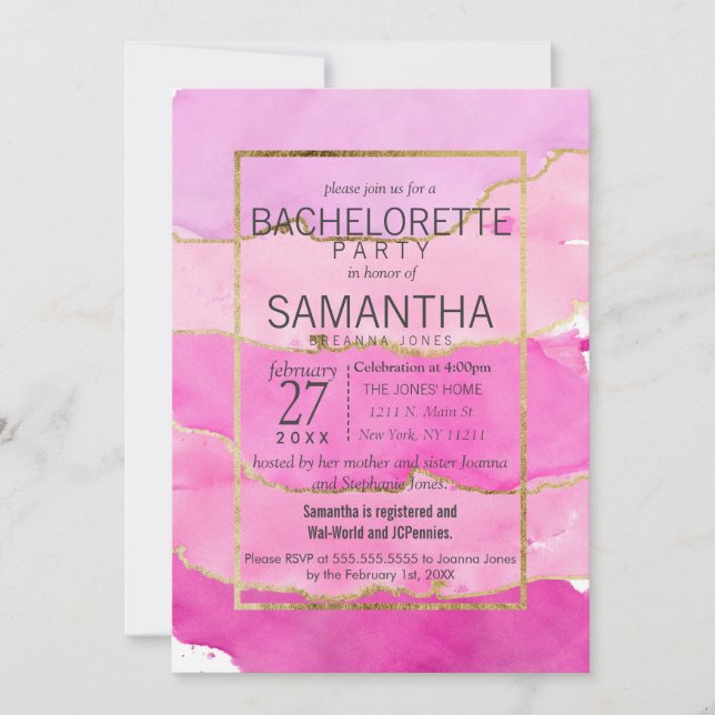 Pink Watercolor and Gold Bachelorette Party Invite (Front)