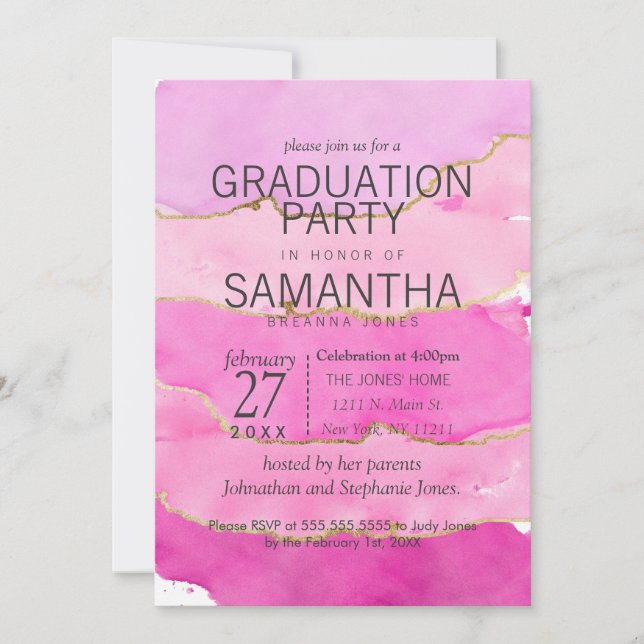 Pink Watercolor and Gold Graduation Party Invites (Front)
