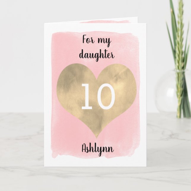 Pink Watercolor and Gold Heart 10th Birthday Card (Front)