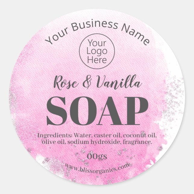 Pink Watercolor And Silver Handmade Soap Labels (Front)