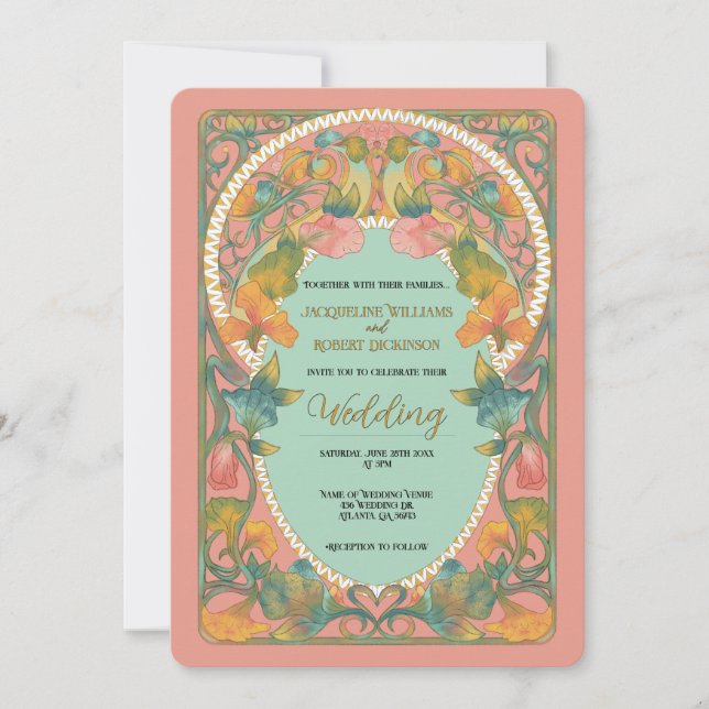 Pink Watercolor Art Nouveau Wedding Invitation (Front)