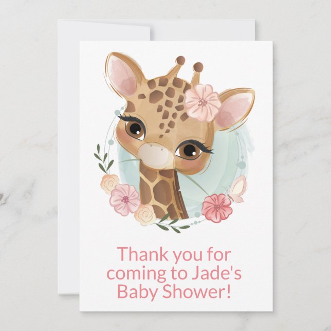 Pink Watercolor Baby Giraffe Thank You Card (Front)