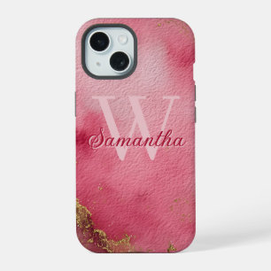 Pink Watercolor Background with Gold Glitter iPhone 15 Case