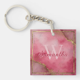 Pink Watercolor Background with Gold Glitter Key Ring