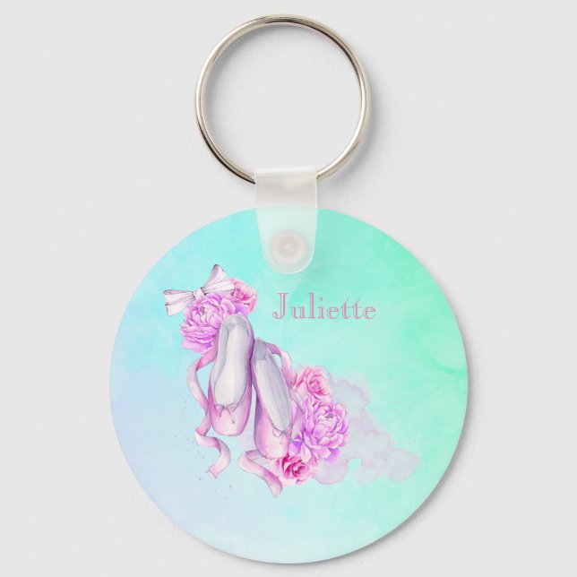 Pink Watercolor Ballet Shoes Personalised Key Ring (Front)