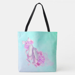 Pink Watercolor Ballet Shoes with Peonies and Bow Tote Bag