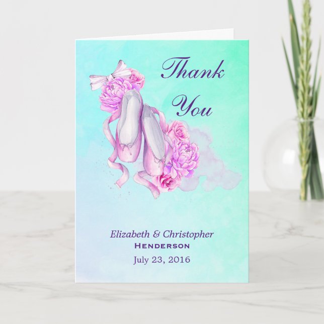 Pink Watercolor Ballet Slippers Wedding Thank You Card (Front)