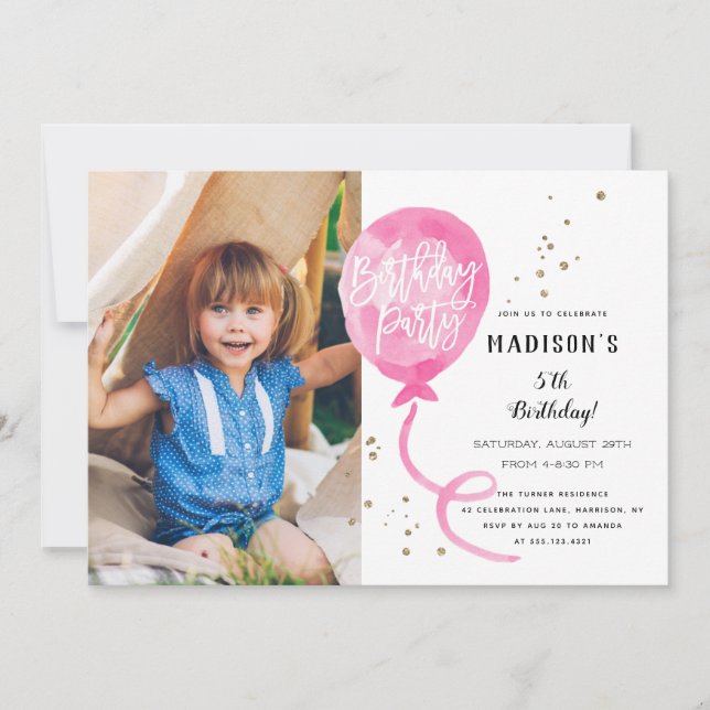 Pink Watercolor Balloon Gold Confetti Birthday Invitation (Front)