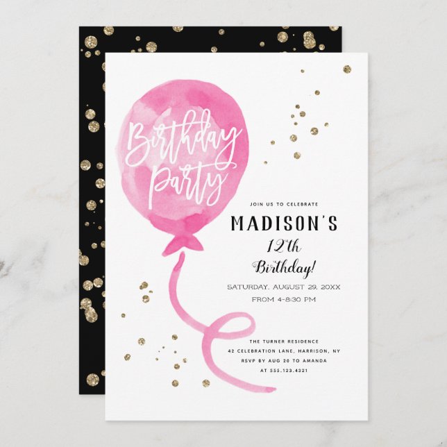 Pink Watercolor Balloon Gold Confetti Birthday Invitation (Front/Back)