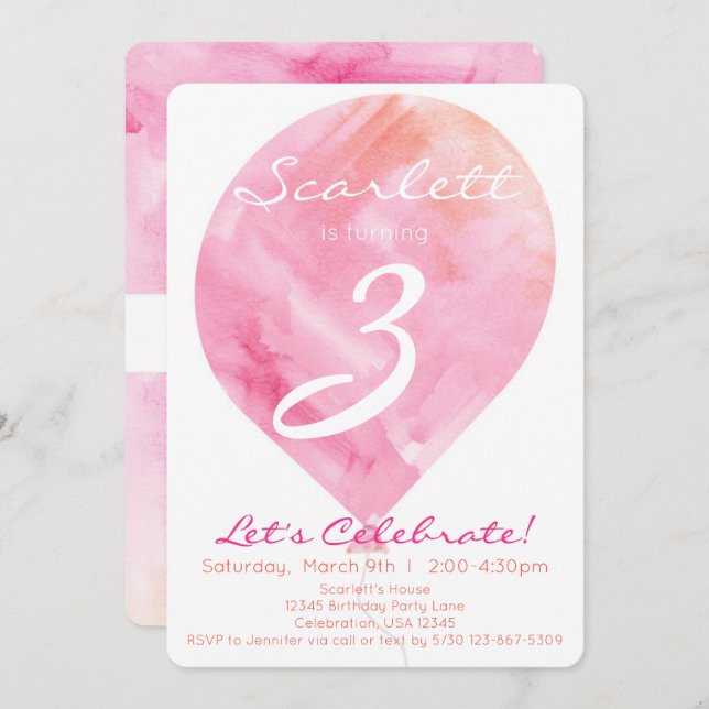 Pink Watercolor Balloon Little Girl Birthday Invitation (Front/Back)