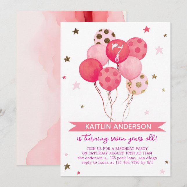 Pink Watercolor Balloons Girl 7th Birthday Party  Invitation (Front/Back)